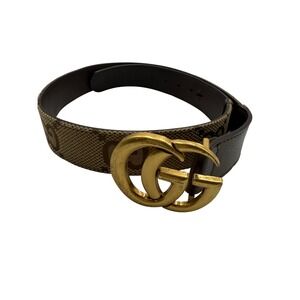 Gucci GG Marmont Belt Beige Canvas Brown‎ Leather Gold GG Buckle Women's SZ 80CM